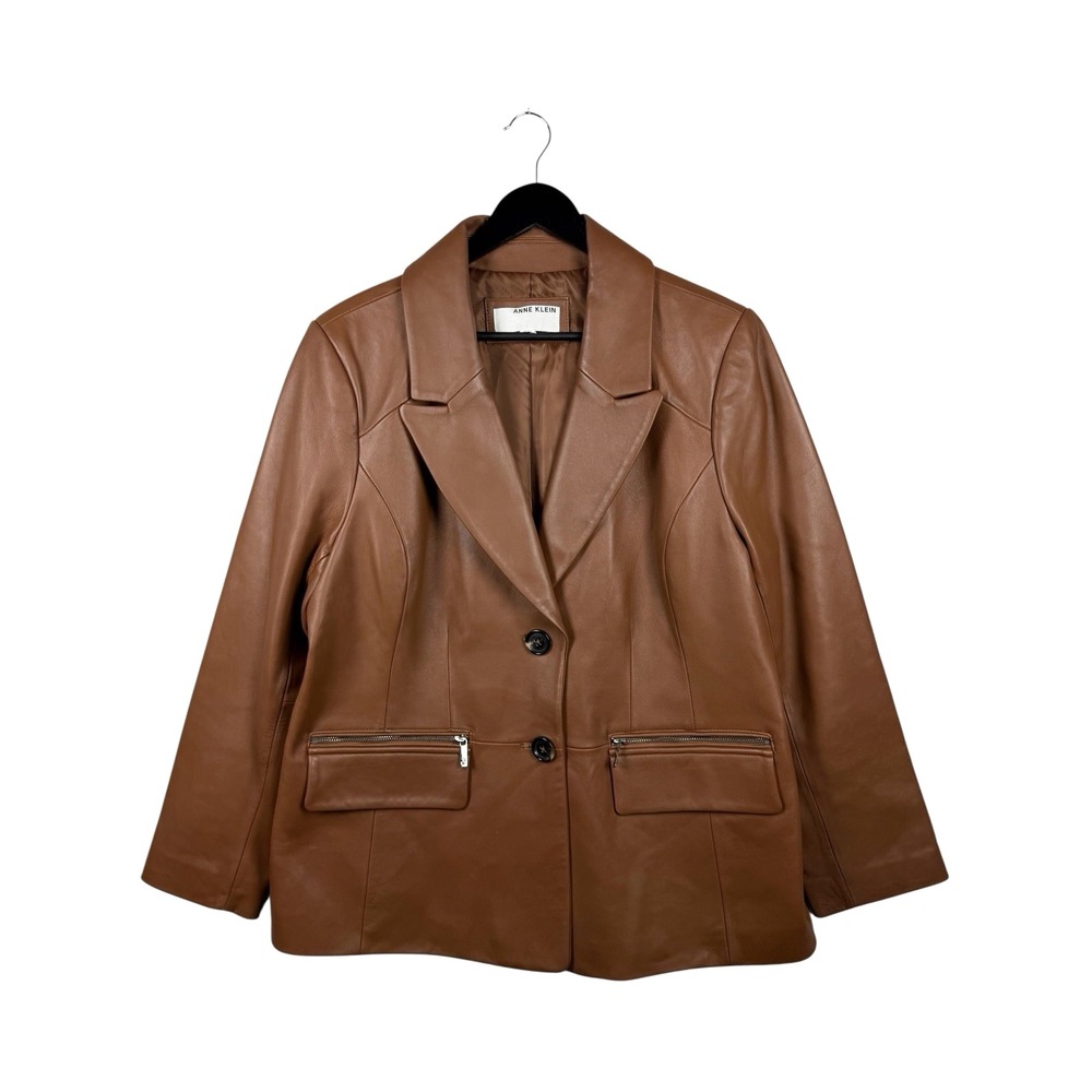 Anne Klein Women's Plus Size Zip-Pocket Brown Leather Blazer Coat 14W/16W approx